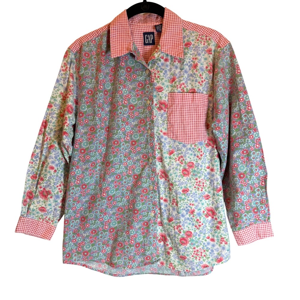 Vintage 90s Gap Floral Gingham Patchwork Button Down Shirt XL Cotton Mixed Print